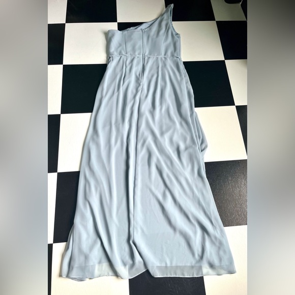 DAVID’S BRIDAL CHIFFON ONE-SHOULDER BRIDESMAID DRESS WITH CASCADE, DUSTY BLUE - Picture 3 of 8